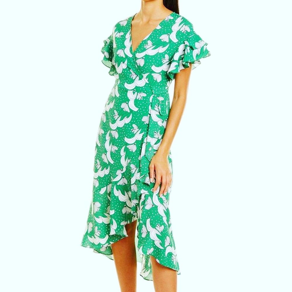 💚 MAX STUDIO KELLY GREEN FLORAL RUFFLE TRUE WRAP RUFFLE DRESS XL Dress - Picture 4 of 10